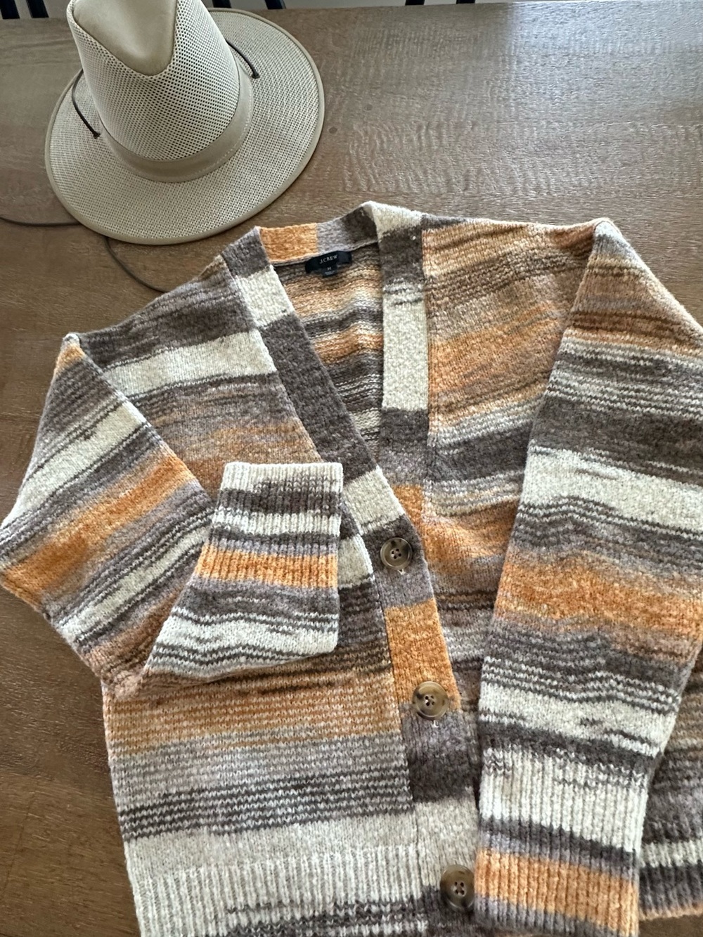 Cozy Fall  J. Crew Striped Cardigan Sweater in Brown, Beige & Orange-Tan